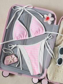 Swim Mod Women's Casual Vacation Striped Halter Neck Bikini 2 Pieces Set Beach - Pink - View 2