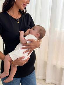 Slowluna Maternity Solid Nursing Tee World Cup - Black - View 11