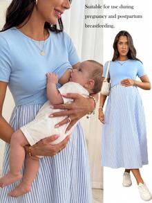 Slowluna Maternity Spring And Summer Pregnant Comfortable Casual Blue & Striped Patchwork Round Neck Short Sleeve Nursing Dress - Black and White - View 1