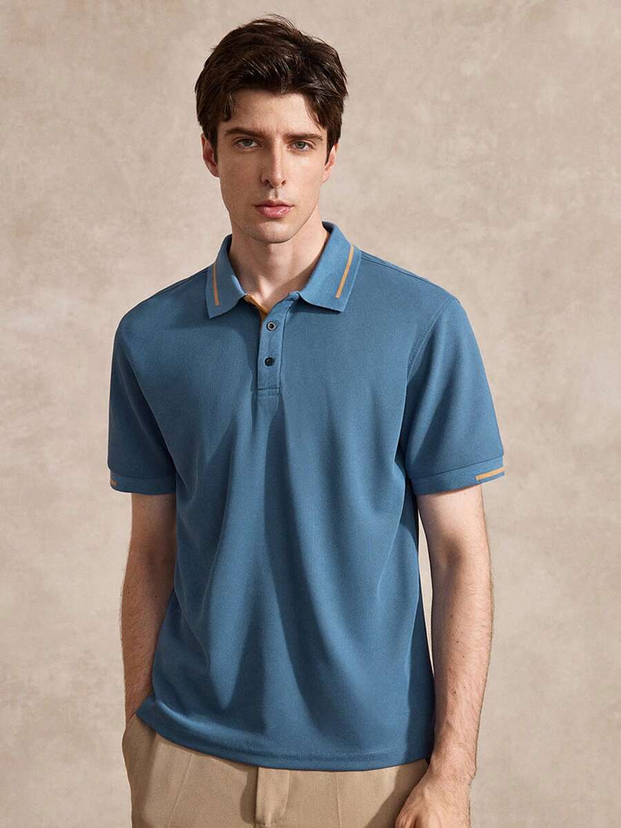 Courvante Men's Summer Casual Contrast Trim Button Placket Short Sleeve Polo Shirt For Men Collar - Blue - View 1