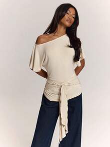 SHEIN BAE Spring/Summer Solid Color Asymmetrical Shoulder Short Sleeve Fitted Ruched Top With Overlay And Bow Tie, Elegant Casual Women's Top Date Light Beige - Apricot - View 7