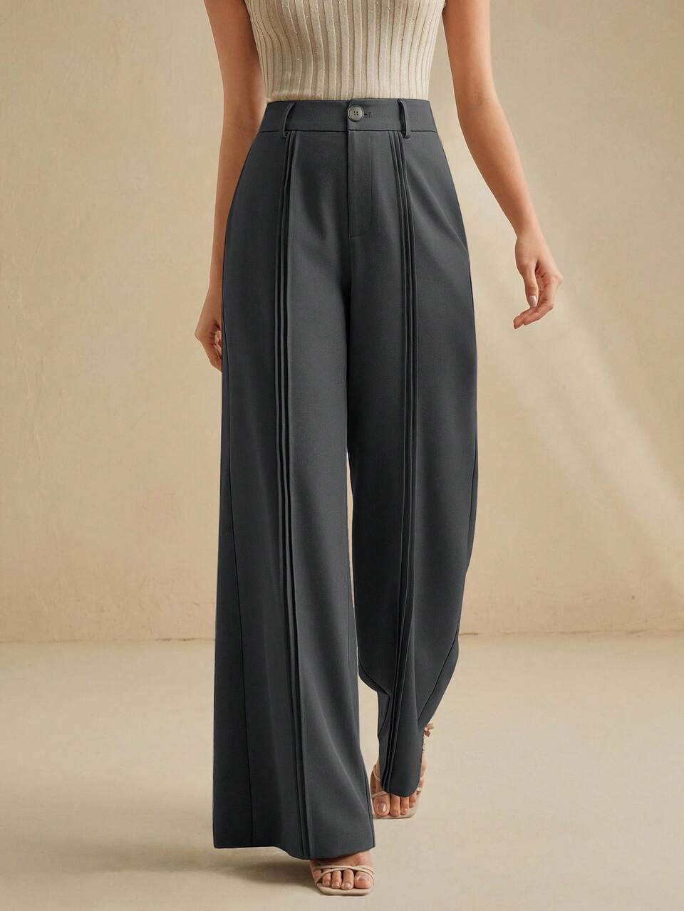 Anewsta Elegant Sophisticated Grey Pleated Leg Design Decorative Women's Wide Leg Long Pants