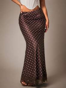 Radiana Women's Autumn Sexy Elegant Chic Brown And White Polka Dot Satin Contrast Lace Mermaid Skirt, Low Waist Skirt, Lace Trim Patchwork Skirt, Skirt - Brown - View 2