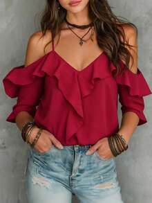 LUMIGAL Women's Solid Color Ruffle Hem Elegant Charming Sexy Camisole - Burgundy - View 4