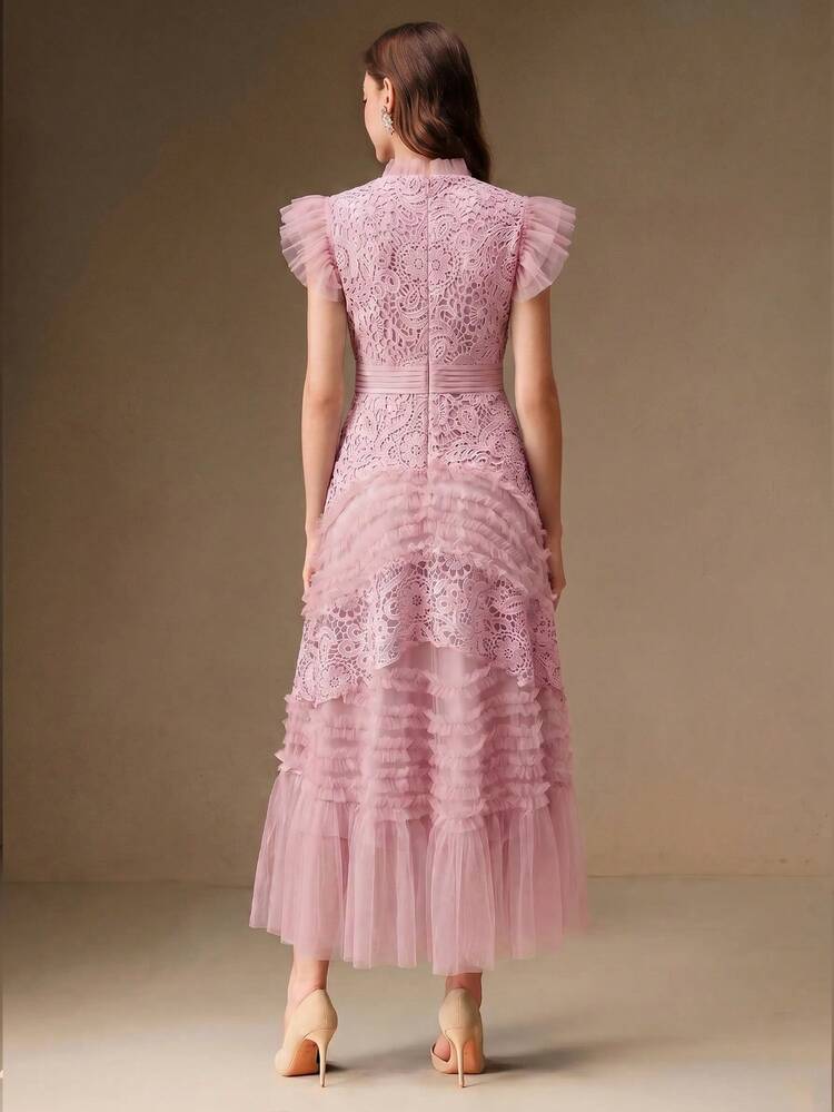 Anewsta Women's Elegant Elegant Round Neck Hollow Embroidery Water-Soluble Floral Waist-Cinching Flared Hem Ruffle Short Sleeve Dress, Elegant, Formal, Party, Chic, Work, Graduation, Wedding, Redress - Pink - View 7