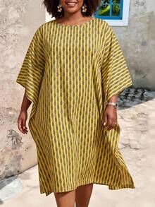 EMERY ROSE Plus Size Minimalist Boho Printed Round Neck Short Sleeve Dress Summer Outfit For Women Festival Outfits Beach Beach Vacation Yellow - Multicolor - View 9