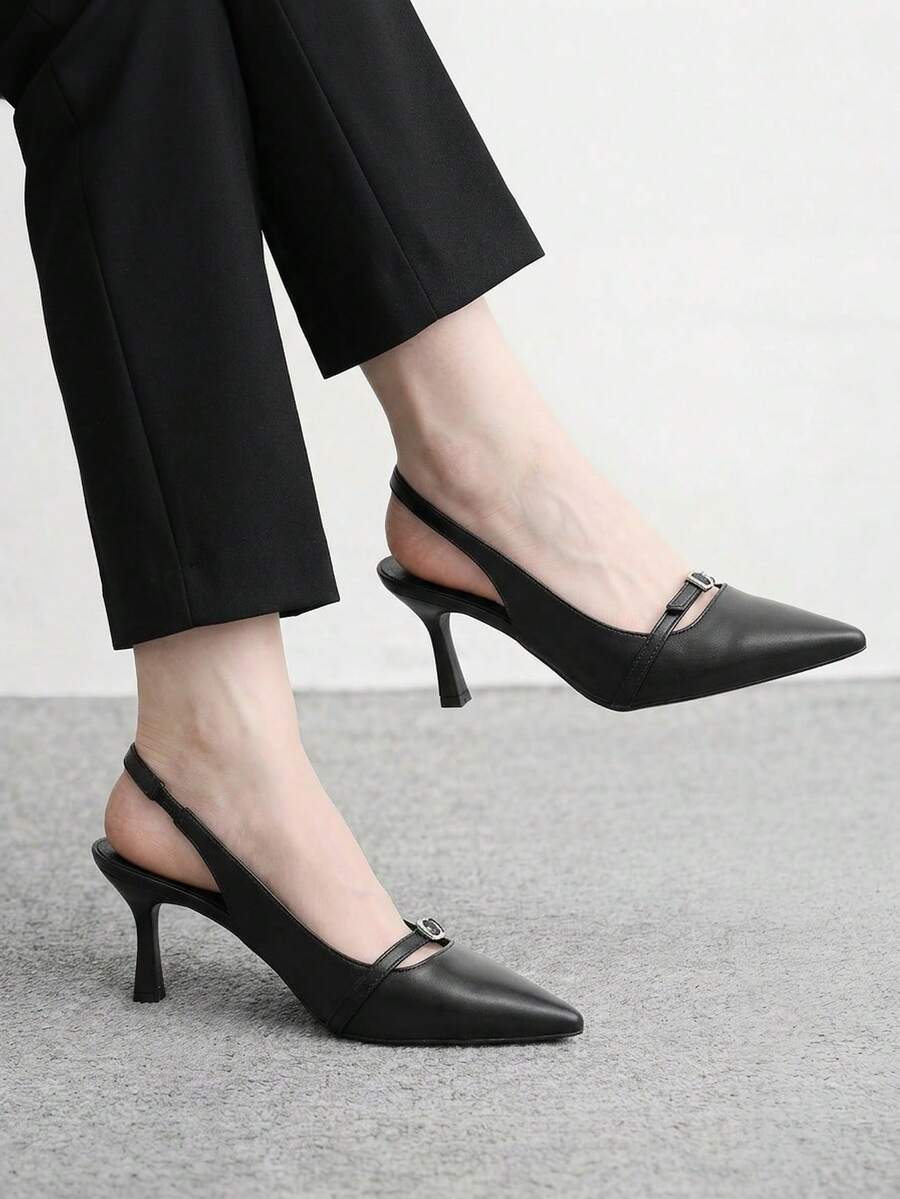 CUCCOO BIZCHIC 黑色尖頭細高跟slingback女鞋 扣飾設計 四季通勤時尚簡約 百搭日常宴會派對女鞋 - 皮料黑 - 查看 1