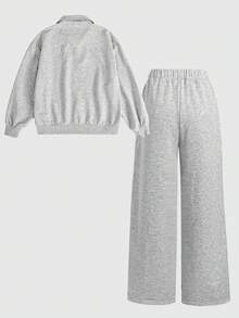 SHEIN 青少年女孩連帽衫與運動衫套裝，秋冬新款休閒極簡運動風淺灰色寬鬆半拉鍊立領運動衫與運動褲套裝 - 淺灰色 - 查看 2