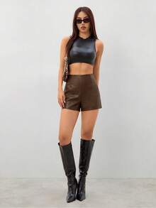SHEIN PETITE 女款復古深棕色性感PU皮革迷你短褲，適合派對之夜、萬聖節穿搭、聖誕節穿搭、感恩節穿搭，Siren夏季款 - 摩卡棕 - 查看 6