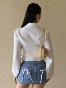 Andrea Bello Women V-Neck Ruffle Flared Sleeve Blouse, Waist Cinched,Black Long Sleeve Shirt,Witchy Clothes,Button Down Blouse,Concert Women ,Airport Women White - White - View 2