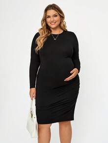 Plussiva Gaun Kasual Pas Badan Ukuran Plus untuk Ibu Hamil, Warna Polos, Leher Bulat, Lengan Panjang - Hitam - View 5