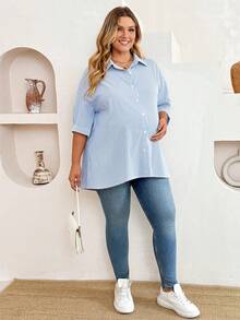 Plussiva Top Casual Listrada Plus Size para Gestantes - Azul - Visão 8