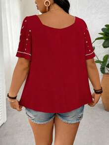SHEIN LUNE Plus Size Women's Embroidered Square Collar Ruffle Sleeve Shirt,Burgundy Summer Boho Vacation Fashion Casual Minimalist Short Sleeve Top For Spring - Red - View 2