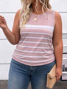 EMERY ROSE New Plus Size Women's Fashion Versatile Round Neck Colorblock Striped Print Tank Top - Multicolor - View 4