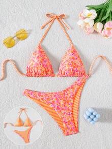 Swim Mod 2 件套女士可爱随机花卉印花双面吊带上衣和可爱下装比基尼泳装套装，度假和海滩 - 彩色 - 查看 4