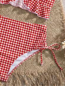 Swim Mod Bikini Camisole Motif Kotak-kotak untuk Liburan Pantai Musim Panas Wanita - Red and White - View 5