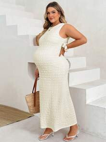 Plussiva Plus Size Solid Color Round Neck Sleeveless Fitted Elegant Maternity Chic Dress Photoshoot Summer Baby Shower Birthday Cream - Apricot - View 9