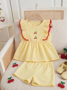 Souflis Souflis French Summer New Baby Girl Yellow Striped Cute Frill Trim Embroidered Cherry Design, Fashionable Contrast Color Trim Paired With Versatile Striped Shorts, Soft And Adorable, Suitable For School, Play, Shopping And Other Occasions - Yellow - View 5