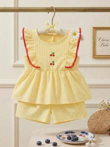 Souflis Souflis French Summer New Baby Girl Yellow Striped Cute Frill Trim Embroidered Cherry Design, Fashionable Contrast Color Trim Paired With Versatile Striped Shorts, Soft And Adorable, Suitable For School, Play, Shopping And Other Occasions - Yellow - View 2