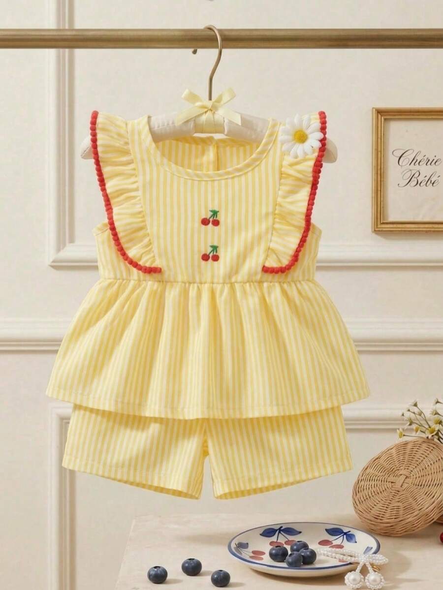Souflis Souflis French Summer New Baby Girl Yellow Striped Cute Frill Trim Embroidered Cherry Design, Fashionable Contrast Color Trim Paired With Versatile Striped Shorts, Soft And Adorable, Suitable For School, Play, Shopping And Other Occasions