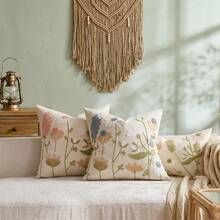 Cirelle 1/2pcs Vintage Embroidered Floral Throw Pillow Cover - Cream Cushion Case With Purple Lavender And Daisy Flower Embroidery, Country Farmhouse Decorative Pillowcase For Couch Sofa Bed (No Insert) - Mauve Purple - View 6