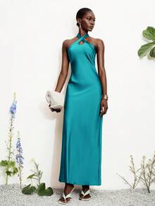 Aveloria Modichic Fashionable Elegant Slim Fit Sexy Satin Halter Neck Solid Color Dress - Blue - View 7