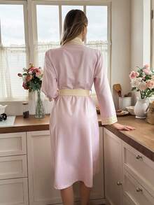Snug Reverie Comfortable Soft Striped Patchwork Plaid Contrast Color Tie-Front Robe Lounge Sleep Pink Gingham Autumn Cute Kawaii Lounge Cute - Pink - View 5