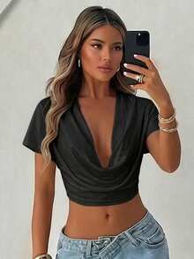 Sirith New Deep V-Neck Crop Top, Sexy Revealing Midriff Design - Black - View 3