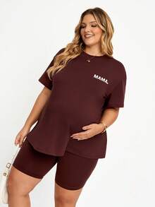 Plussiva Plus-Size Maternity Brown Letter Print T-Shirt And Shorts Two-Piece Set. Adjustable Elastic Waistband. Summer Casual Athletic. Gym - Brown - View 4