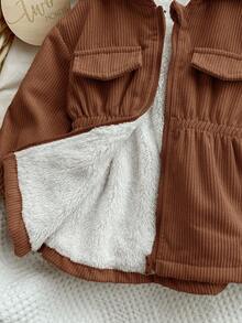 Baby Girl Cute Corduroy Hooded Thermal Lined Jacket, Autumn/Winter - Brown - View 6