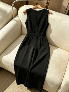 GlowEve CURVE Women's Plus Size V-Neck Pearl Decor Sleeveless Asymmetrical Cinched Waist Black Wide Leg Jumpsuit, Satin, Sexy, Elegant Summer Party Cocktail - Black - View 2