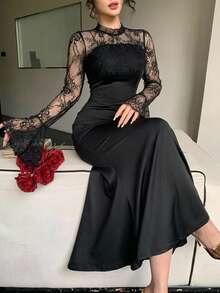 DAZY Spring Summer Autumn Semi-High Neck Lace Patchwork Long Sleeve Waist-Cinching Black Slim Fit Elegant Women's Dress - Black - View 1