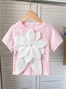 SHEIN 女童纯色圆领3D立体花卉休闲T恤 - 淺粉色 - 查看 4