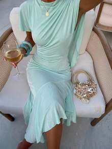 Aloruh Women's Sexy Romantic Elegant Draped Ruffle Trim Asymmetric Hem Bodycon Dress Party Mint Green Summer - Blue - View 4