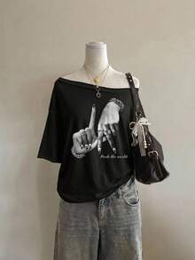 Attitoon Casual Minimalist Full Print Pattern Off-Shoulder Dropped Shoulder Short Sleeve Loose Fit Women's T-Shirt - Multicolor - View 4