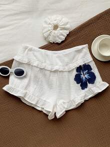 Comfortcana Women's Floral Print Pleated Casual Versatile Everyday Shorts - White - View 3