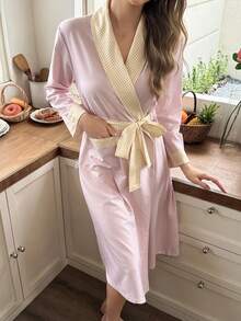 Snug Reverie Comfortable Soft Striped Patchwork Plaid Contrast Color Tie-Front Robe Lounge Sleep Pink Gingham Autumn Cute Kawaii Lounge Cute - Pink - View 4