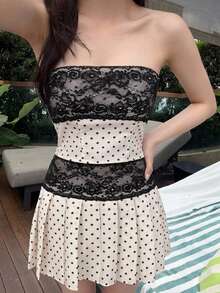 DAZY Women's Lace Polka Dot Bandeau Top And Skirt Sexy Casual Outfit Summer Beach Outfits - Multicolor - View 4