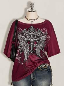 SHEIN ICON Women's Plus Size Cross Gothic Pattern T-Shirt - Burgundy - View 1
