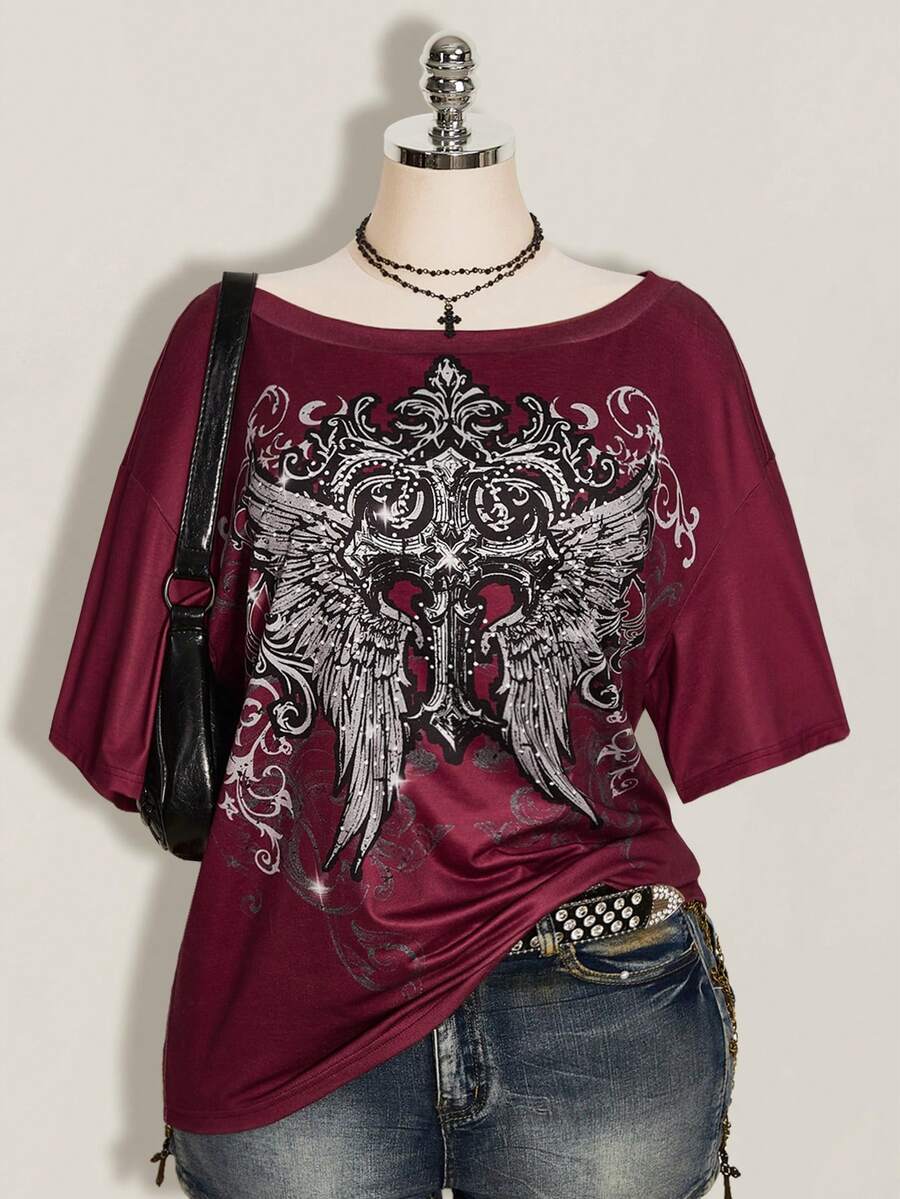 SHEIN ICON Women's Plus Size Cross Gothic Pattern T-Shirt - Burgundy - View 1