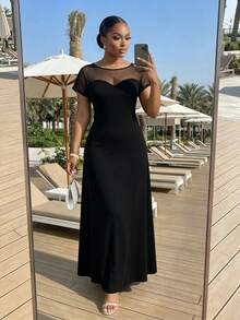 SHEIN Lady CURVE 大尺碼夏季優雅網紗拼接洋裝 - 黑色 - 查看 4
