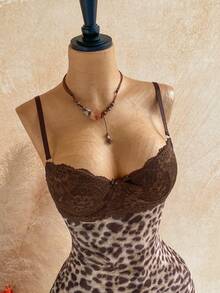 Soleia Plus Size Women's Lace Patchwork Leopard Print Sexy Date Party Spaghetti Strap Dress - Multicolor - View 3