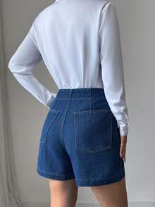 Elenzga 女款夏季休閒拼色牛仔短褲 - 藍色 - 查看 2
