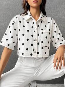 SHEIN EZwear 女款圓點單排扣休閒百搭日常牛仔上衣 - 黑色 - 查看 6