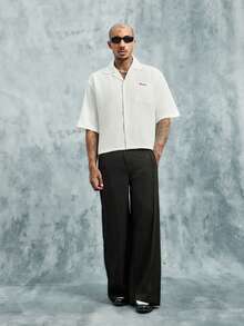 INCRYTM Men's Letter Print Single-Breasted Casual Short Sleeve Shirt Mens Cropped Shirt Boxy Shirt Men Work Shirt Customise Shirt - White - View 3
