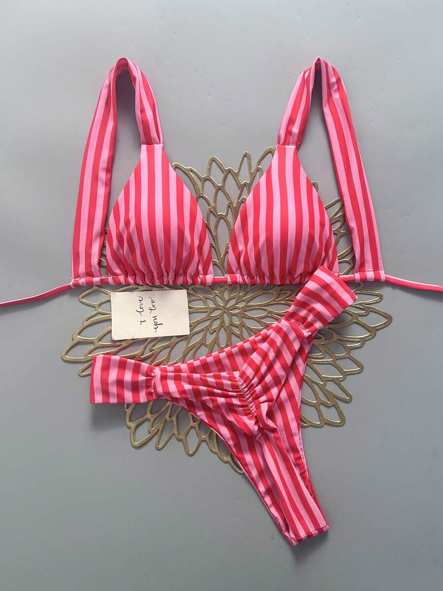 SHEIN Swim 女款性感海灘度假純色時尚掛脖繫帶+後背繫帶比基尼上衣,性感抓皺後背+側腰抓皺設計比基尼褲,街頭風音樂節派對泳池泳裝套裝 - 粉色 - 查看 1