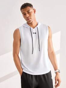 Driftmere Men's Barbell Print Drawstring Waist Hooded Sports Tank Top, Gym Workout Running - White - View 4