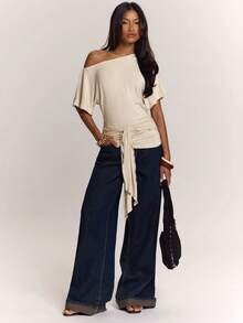 SHEIN BAE Spring/Summer Solid Color Asymmetrical Shoulder Short Sleeve Fitted Ruched Top With Overlay And Bow Tie, Elegant Casual Women's Top Date Light Beige - Apricot - View 5