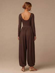 COSMINA Women's Solid Color Square Neck Long Sleeve Pleated Elastic Leg Fashion Jumpsuit Brunch Holiday Dark Brown Autumn Elegant Casual Tea Party Travel - Brown - View 3