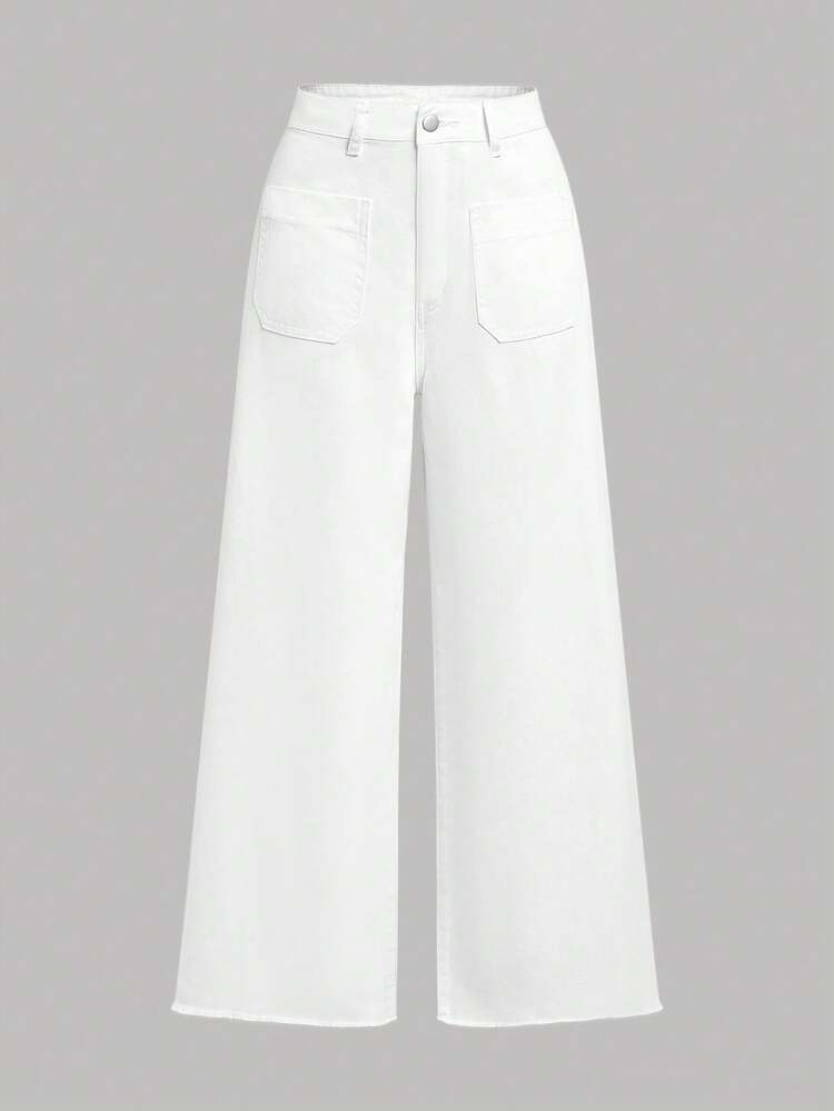 Selenza Jeans de mezclilla de talla grande para mujer, unicolor, estilo minimalista, con botones, bolsillos y corte holgado - Blanco - Añade 7